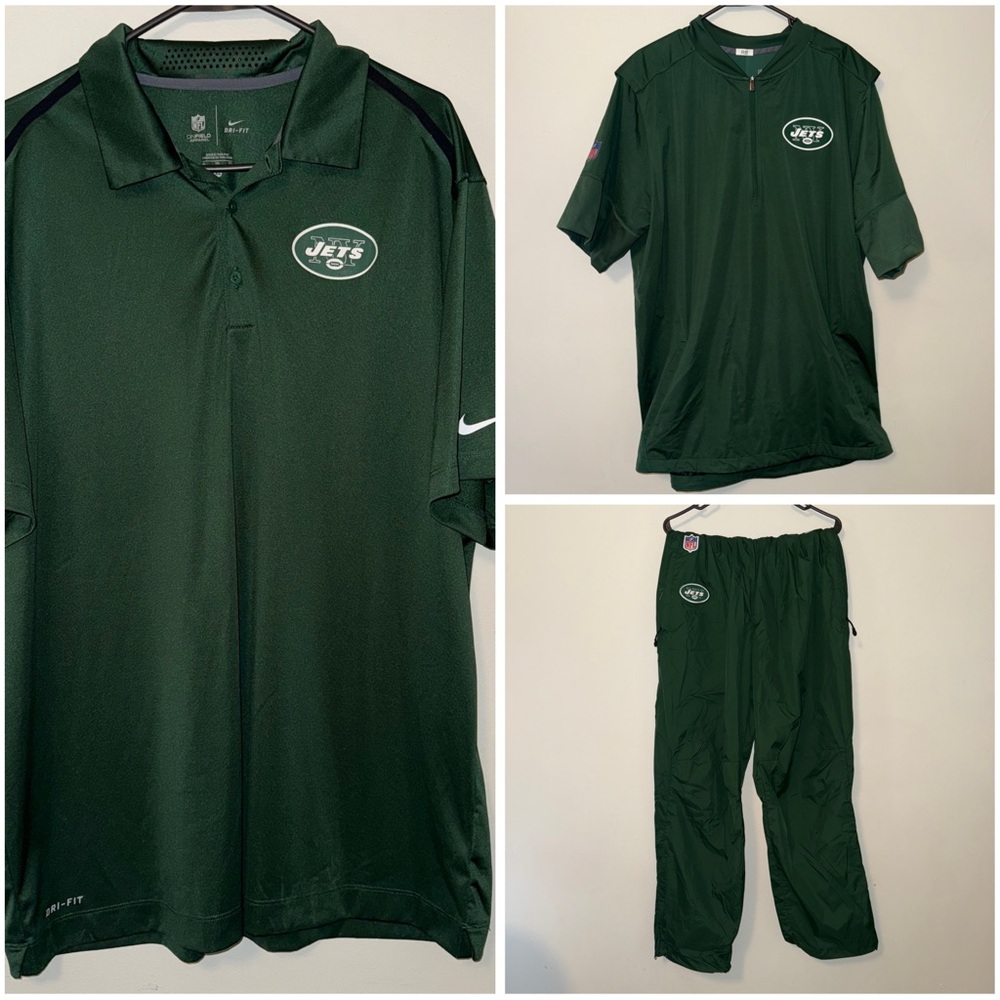 New York Jets 3-Piece On-Field Quarter Zip XL, Polo XL, Pants L Player Apparel